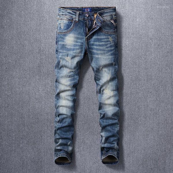 Pantalones vaqueros para hombre Estilo italiano Moda Hombres Retro Azul oscuro Elástico Slim Fit Ripped Vintage Diseñador Casual Pantalones de mezclilla de algodón