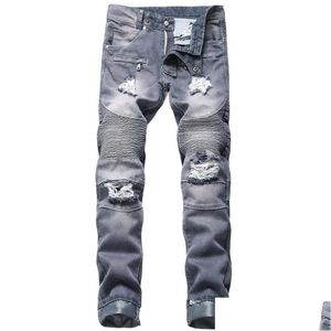 Jeans pour hommes Jewuto Hommes Marque Haute Qualité Trou Droit Moto Biker Denim Pantalon Pour Noir Bleu Drop Livraison Vêtements Vêtements Dhqmc
