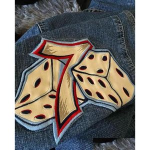 Jeans pour hommes JNCO Y2K HIP HOP Taille 7 Dice Graphic Broidered Retro Blue Baggy High Waist Lig Legrs Pantmand Streetwear Drop Delivery App Dehj1t