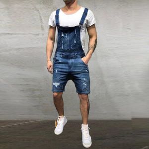 Heren jeans jumpsuits shorts 2019 zomer mode hallo straat noodlijdende denim slabiballs for man suspender broek