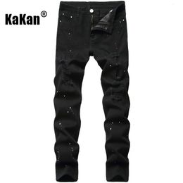 Jean homme Kakan coupe ajustée européenne et américaine noir Stretch pour homme peint jambe courte longue K21 230920