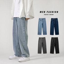 Hommes Jeans Mode Coréenne Hommes Baggy Jeans Classique Allmatch Couleur Unie Straightleg Denim Wideleg Pantalon Homme Bleu Clair Gris Noir 230224
