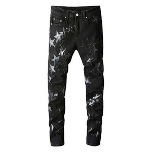 Jeans pour hommes étoiles en cuir patch noir extensible pantalon de crayon en jean mince pantalon patchwork skinny 230915