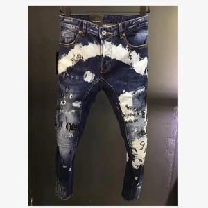 Jeans para hombre Impresión de letras Moda Casual Agujero Spray Pintado Moda High Street Denim Tela Pantalones A136 231027