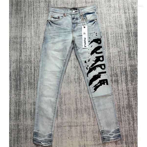 Jeans pour hommes, pantalon en Denim bleu clair violet, haute qualité, lettres irrégulières imprimées à jet d'encre, unisexe, mode Streetwear, pantalons longs