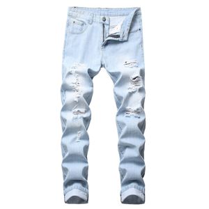 Jeans pour hommes Couleur claire Slim Fit Hole High Street Bleu Non élastique Mode décontractée Urban Stretwear