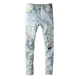 Mens jeans licht indigo scheurde streetwear mode magere beschadigde gaten met strass slank fit stretch distressed vernietigd 230330
