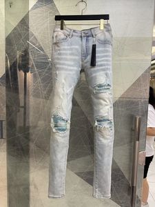 Herenjeans licht indigo gescheurd streetwear mode mager beschadigde gaten met strass slim fit stretch noodlijdende vernietigd 230922