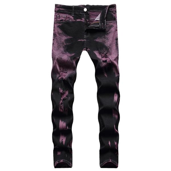 Jeans pour hommes, pantalon en Denim léger de luxe, coupe cintrée, teinture par nouage, haute qualité, troué, décoration violette, mode de rue, Sexy, décontracté