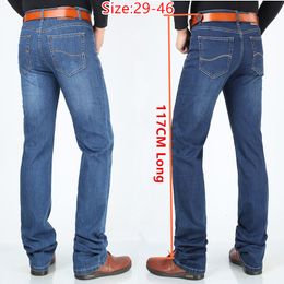 Mens jeans lange broek 117 cm lange mannen 195 cm plus maat 42 44 klassiek blauw uitgerekte hoog getailleerde elastische broek denim slank 230812