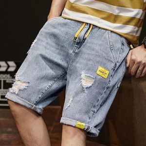 Herenjeans Losse vijfdelige denim shorts Broek Casual elastische taille Gat Stretch Koreaanse mode korte broek 230519