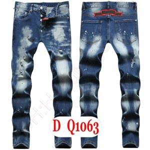 Mens jeans luxe Italië ontwerper denim mannen borduurbroek dq21063 mode slijtage-gaten spat-inkt stempel broek Motorcycle riding kleding US28-42/EU44-58