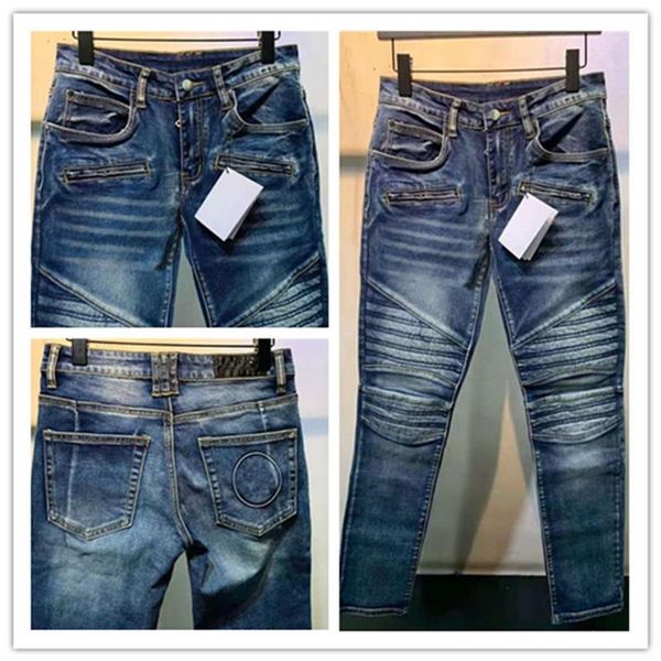 Jeans pour hommes Luxurys Designer Blue Stripe Design Full Cinq étoiles Pantalon noir Lettre Jambe Classique Applique Mode Trous Moto Bik249m