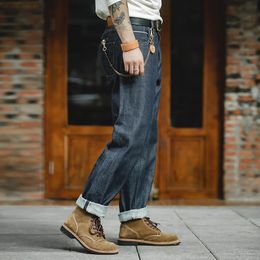 Heren jeans Maden Vintage denim gewassen rechte broek midden taille voor mannen 135 Oz zwaar gewicht Indigo Selvage dubbellaagse zakken 231009