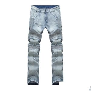 Mens jeans mannelijke motorrijder vernietigde denim stof elastische slanke fit gewassen magere broek joggers mannen gescheurde broek drop levering kleding CL dh5ah