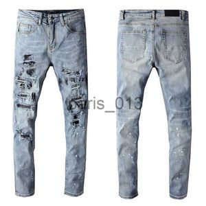 Jeans Homme Pantalon Bleu Skinny Slim Jeans Coupe Déchirée Cult Biker Moto Hip Hop Street Fashion pour Jeunes Hommes Gars Stretch Rivet Patch Jambe Droite Peinture Denim Longue Tendance