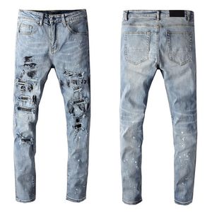 Jeans pour hommes Homme Pantalon bleu Skinny Slim Ripped Fit Cult Biker Moto Hip Hop Street Fashion pour les jeunes gars Stretch Rivet Patch Straight Paint Leg Denim Long Tren
