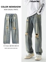 Heren Jeans Heren Denim Wijde Pijpen Broek Koreaanse Stijl Recht Lichtblauw Baggy Jeans Midden Taille Mannelijke Gradiënt Broek Maat 3XL 230920
