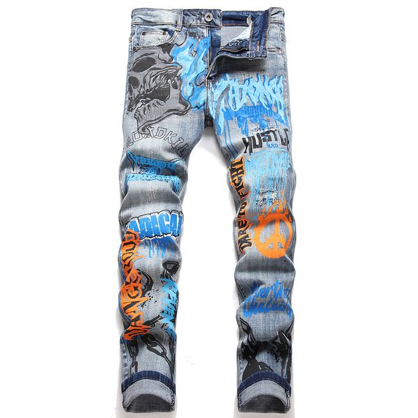 Jeans pour hommes Hommes Graffiti Imprimer Denim Streetwear Crâne Lettres Peint Pantalon Stretch Trous Déchiré Pantalon Slim Fuselé 230922