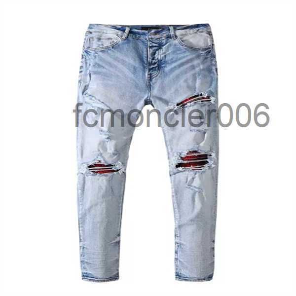 Jeans pour hommes Hommes Jean Hip Hop Pantalon Street Trend Zipper High Style Trou Denim Chaîne Décoration Ripped Pantalon à panneaux Noël 1S7T
