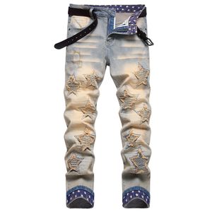 Jeans para hombre Hombres Plisados Star Patch Denim Streetwear Impreso Dobladillo Slim Pantalones rectos Vintage Retro Blue Patchwork Stretch Pantalones 230922