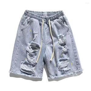 Heren jeans mannen scheurden denim shorts zomer met elastische trekkoord tailleband zakken casual vaste kleur breed been voor een