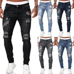 Heren Jeans Mannen Gescheurd Gat Denim Broek Zakken Button Skinny Lange Broek Mid Taille Hip Hop Punk SlimFit Casual streetwear 230606