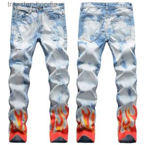 Jeans pour Hommes Hommes Slim Fit Jeans Déchirés 3D Trou Imprimé Détruit Skinny Jambe Droite Lavé Effiloché Moto Denim Pantalon Hip Hop Stretch Biker Hommes Pantalon en Détresse