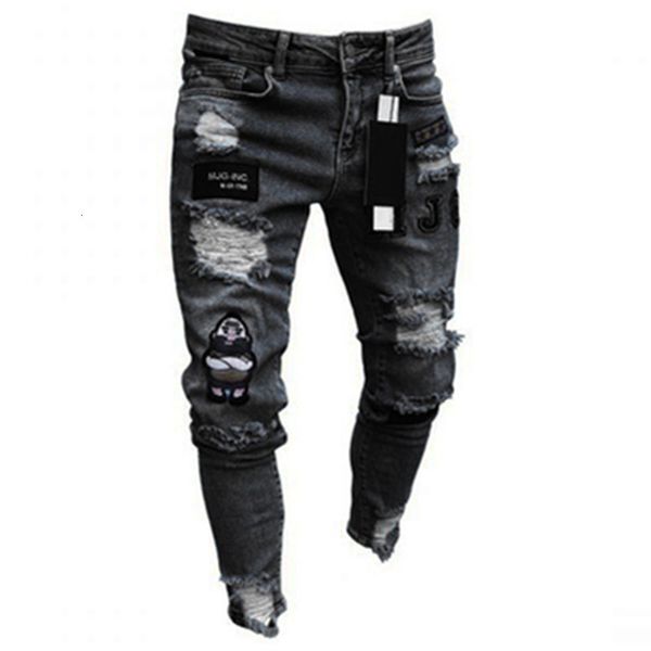 Hommes Jeans Hommes Stretchy Ripped Skinny Biker Broderie Dessin Animé Imprimer Détruit Trou Slim Fit Denim Haute Qualité Hip Hop Noir 230607