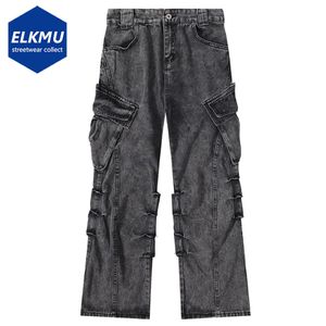 Heren Jeans Mannen Vintage Zwarte Cargo Geplooide Patchwork Losse Rechte Denim Broek Streetwear Retro Man Broek 230915