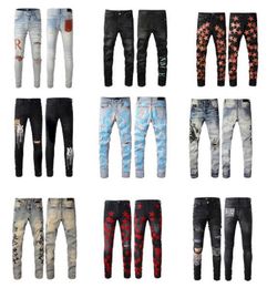 Jeans pour hommes Hommes Femmes étoiles Imprimer Long Distrressed Sticker Broderie Slim Denim Straight Biker Pantalon skinny Designer Jeans
