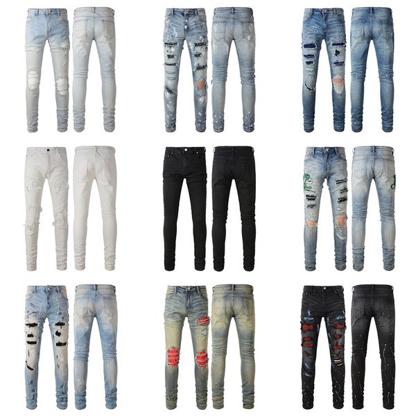 Jeans pour hommes Designer pour hommes pour hommes pantalons homme noir skinny rip white patch denim biker brodeurs de serpent