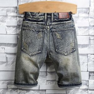 Jeans pour hommes Haruku été épissé short en jean grande taille 40 trous déchiré homme Vintage longueur au genou décontracté droit coupe ajustée