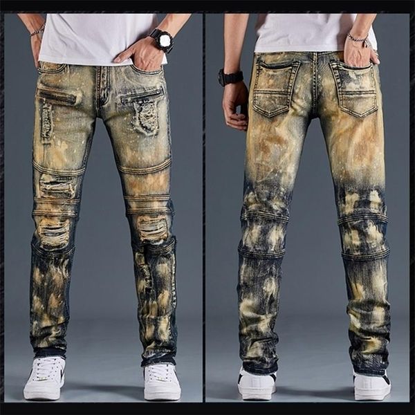 Hommes Jeans Hommes Pantalons Locomotive Mode Denim Pantalon Biker Haute Qualité Mâle Droite Casual Designer Déchiré Confortable Advanc243y