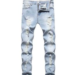 Jeans da uomo a vita media slim blu chiaro con cerniera lunga pantaloni alla caviglia pantaloni di jeans strappati con tasca Z4997729 231202