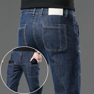 Pantalones vaqueros para hombre Multi bolsillo moda hombres delgados rectos flaco High Street Casual masculino azul negro gris pantalones de mezclilla clásicos 231005