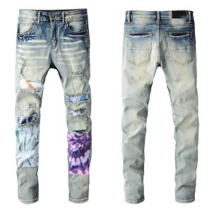 Jeans pour hommes peinture en aérosol sur les patchs Denim Skinny Slim Biker Moto Hip Hop jambe droite bleu Vintage détresse Stretch pour homme gars genou déchiré P