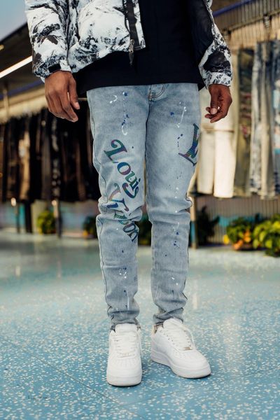 Jeans pour hommes éclaboussures de peinture jeans skinny homme Patch en détresse acheter mens mode denim Ripped Destroyed Denim moto pantalon 230516