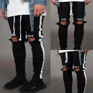 Jeans pour hommes pantalons décontractés maigre blanc côté jean Hip Hop cassé fermeture éclair discothèque pantalon Style de rue noir et blanc