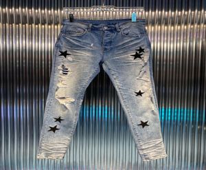 Pantalons de jeans pour hommes longs skinny en cuir noir à cinq points d'étoile de trou de trou déchiré jean designers des concepteurs 6929667