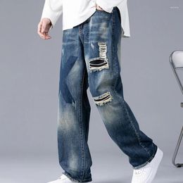 Jeans pour hommes Denim droit perforé pour High Street Patch rétro mode large trou en ruine pantalon grande taille