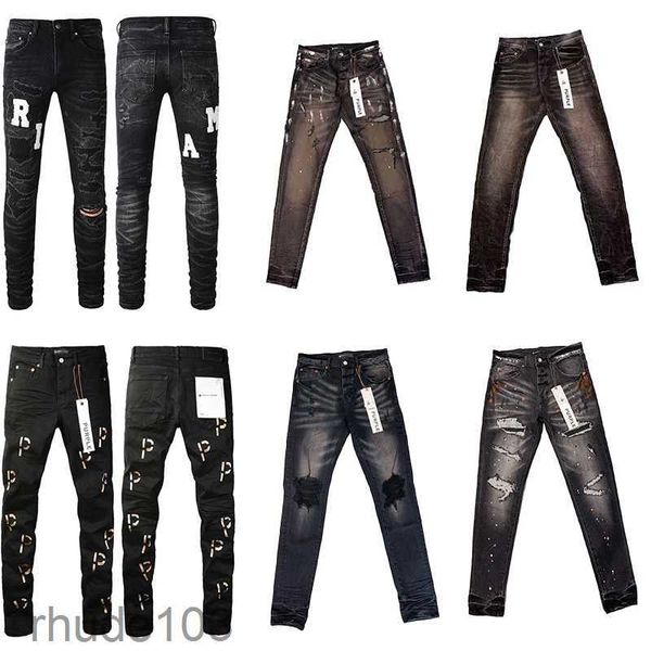 Jeans para hombre Púrpura Amirs Puple Flaco Diseñador de lujo Pantalón de mezclilla desgastado Ripped Biker Negro Azul Jean Slim Fit Motocicleta 0GRP F7QD