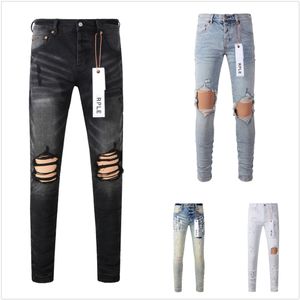 Jeans para hombre Diseñador púrpura Rasgado Recto Regular Denim Largo Negro Cremallera Fly Mid Pantalones Agujero para mujer KX4I