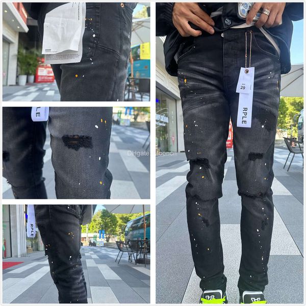 Jeans para hombre Jeans morados Diseñador para hombre Rodilla Flaco Tamaño recto 2940 Motocicleta Moda Agujero largo High Street Denim Tejido elástico bordado