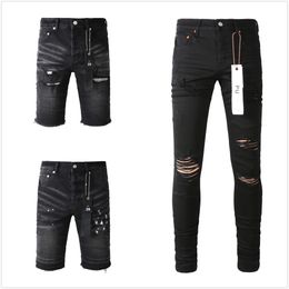 Mens jeans paarse jeans gestapelde designer jeans stretch stof knie gat vintage zwart slanke casual vier seizoenen gewassen vintage geïnkt en vuile effectpatches a3