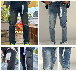 jeans masculins jeans en jean pourpre jeans de créateur empilé tissu tissu trou de genou vintage noir slim décontracté quatre saisons lavées vintage encrées et à effet sale patches A1