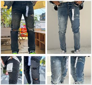 jeans pour hommes jeans violets jeans de créateurs empilés tissu extensible genou trou vintage noir slim décontracté quatre saisons lavé vintage encré et patchs effet sale A1