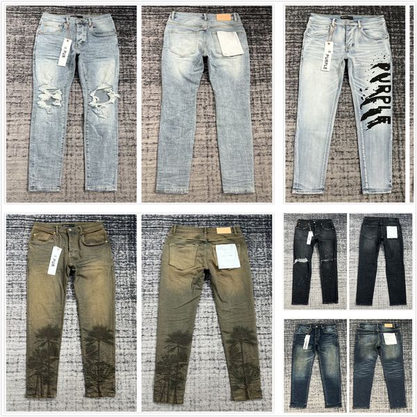 jeans pour hommes jeans violets jeans de créateurs empilés tissu extensible genou trou vintage noir slim décontracté quatre saisons lavé vintage encré et patchs effet sale