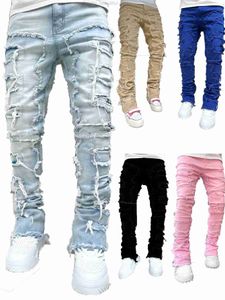 Jean pour hommes coupe régulière Patch empilé en détresse détruit pantalon en Denim droit vêtements de rue Jean décontracté