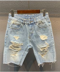 Jeans pour hommes déchiré Denim Shorts bleu clair cinquième pantalon à la mode Allmatch lâche laine fendu couture court 230519